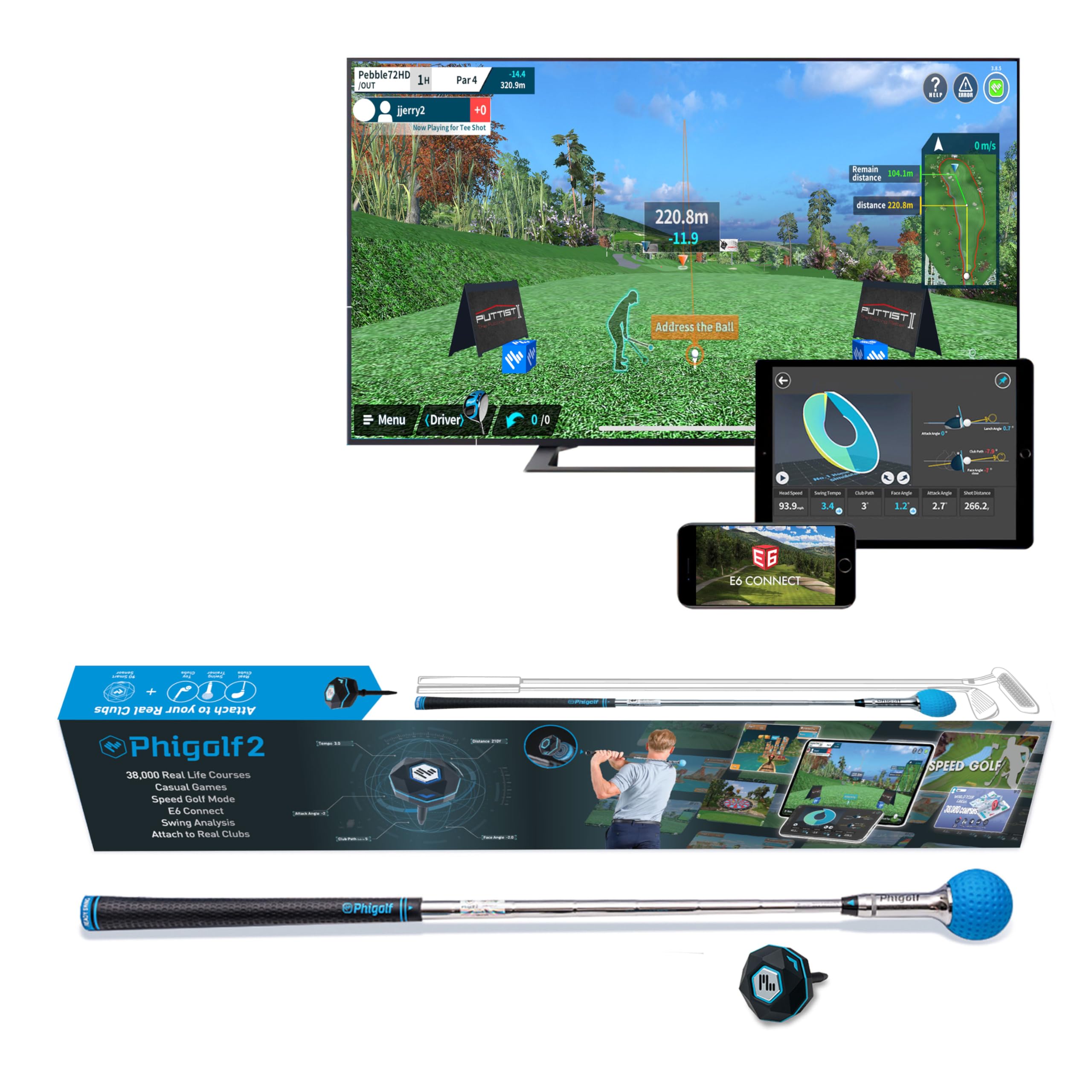 PHIGOLF Phigolf2 Golf Simulator with Swing Stick for Indoor & Outdoor Use Golf Swing Trainer with Upgraded Motion Sensor & 3D Swing Analysis Compatible E6 Connect APP Works with Smartdevices